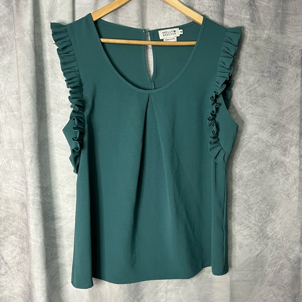 Molly Bracken Teal Ruffle Sleeve Keyhole Back Blouse - MED - Picture 9 of 14
